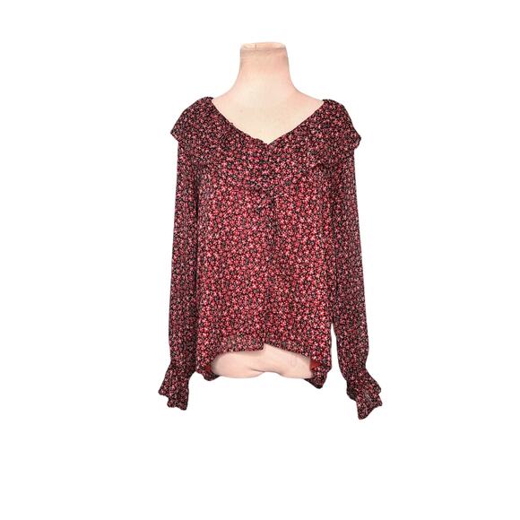 Loft red floral long sleeves ruffled lined sheer blouse size small - Picture 10 of 10
